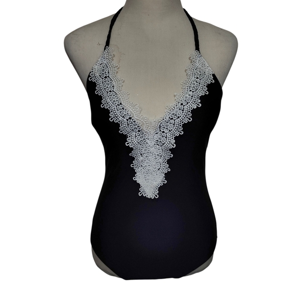 Boutique 1PC Black Swimsuit SMALL Crochet Trim Plunging VNeck Coquette Girl NWOT - Picture 7 of 15